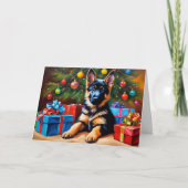 ドイツのシェパードとクリスマスツリーとプレゼント カード (正面)