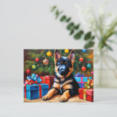 ドイツのシェパードとクリスマスツリーとプレゼント シーズンポストカード (スタンド正面)