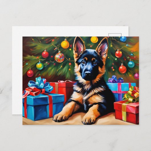 ドイツのシェパードとクリスマスツリーとプレゼント シーズンポストカード (正面/裏面)