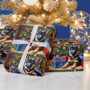 ドイツのシェパードとクリスマスツリーとプレゼント ラッピングペーパー