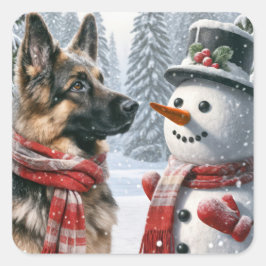 ドイツのシェパードウィズクリスマス雪だるま スクエアシール