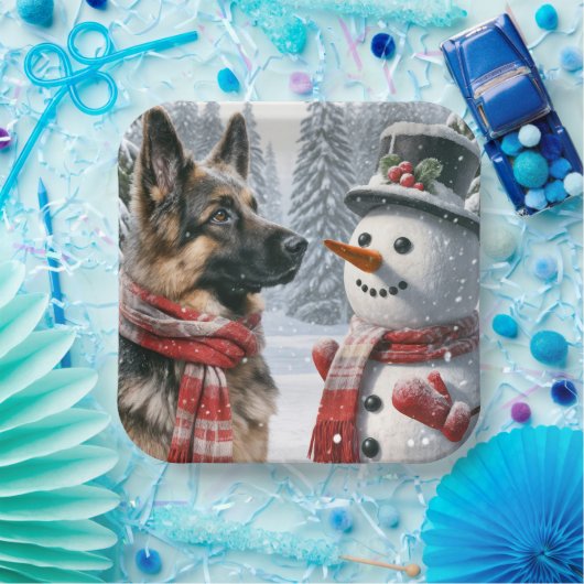 ドイツのシェパードウィズクリスマス雪だるま ペーパープレート (パーティー)