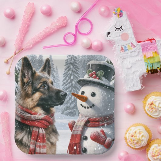 ドイツのシェパードウィズクリスマス雪だるま ペーパープレート (パーティー)