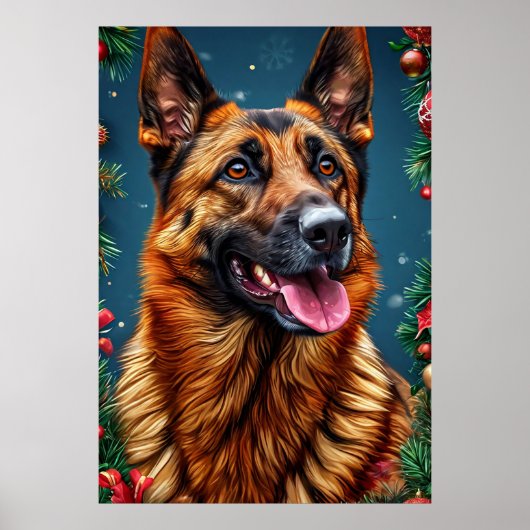 ドイツのシェパード犬とクリスマスデコール ポスター (正面)