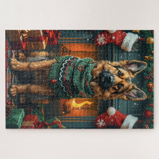 ドイツのシェパード犬とクリスマスプレゼント暖炉 ジグソーパズル (横)