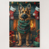 ドイツのシェパード犬とクリスマスプレゼント暖炉 ジグソーパズル (縦)