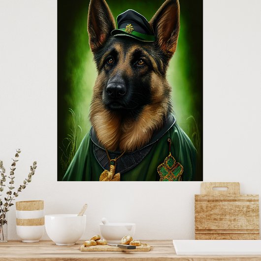 ドイツのシェパード犬の聖パトリックの日服 ポスター (キッチン)