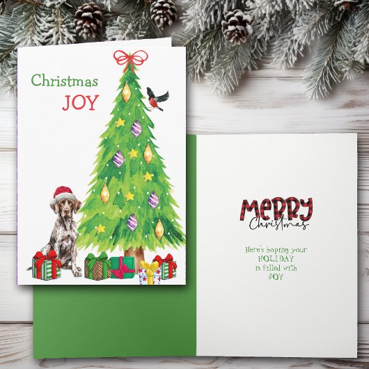 ドイツのショートヘアのポインタ、鳥とクリスマスツリー シーズンカード