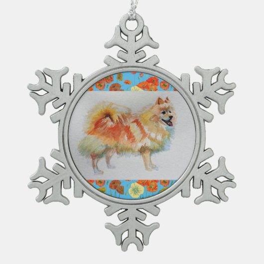 ドイツのスピッツポメラニア犬犬クリスマス装飾品 スノーフレークピューターオーナメント (正面)