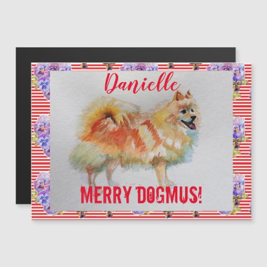 ドイツのスピッツ犬メリークリスマス磁気カード (正面/裏面)