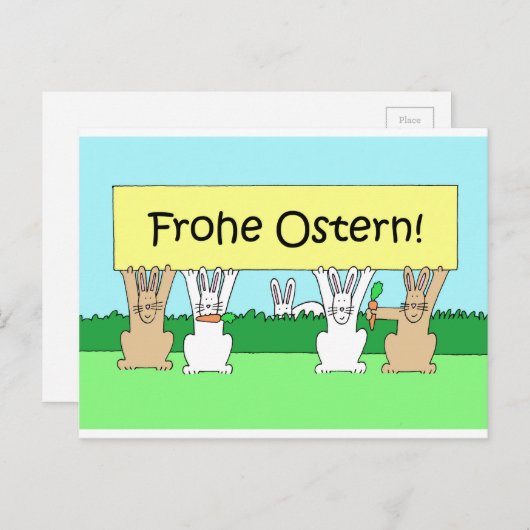 ドイツのハッピーイースターフロエオスターン漫画のバンニー シーズンポストカード (正面/裏面)