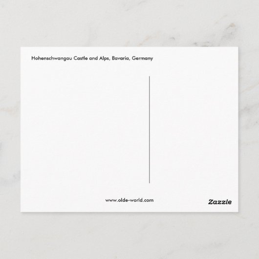 ドイツのバイエルン州ホーエンシュヴァンガウ城とアルプス ポストカード (裏面)