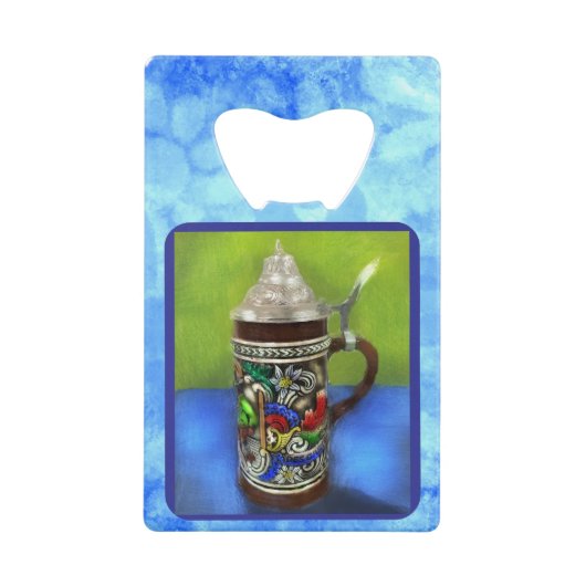 ドイツのビールスタイン付き/ヒンジ付き蓋青グリーン クレジットカード栓抜き (正面)