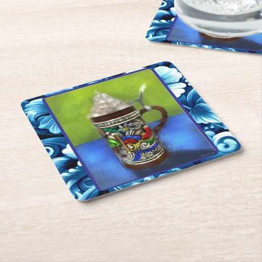 ドイツのビールスタイン付き/ヒンジ付き蓋青グリーン スクエアペーパーコースター (アングル)