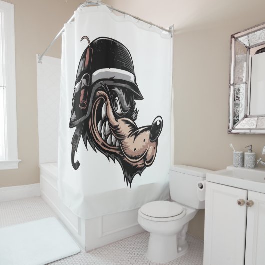 ドイツのヘルメットにダイナマイトを乗せた漫画の狼 シャワーカーテン (インサイチュ)