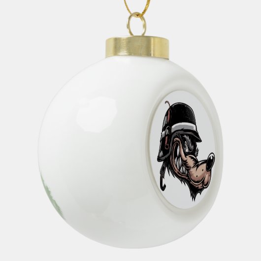 ドイツのヘルメットにダイナマイトを乗せた漫画の狼 セラミックボールオーナメント (左)