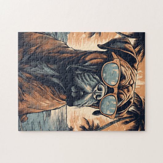 ドイツのボクサーで、熱帯ビーチにサングラスを置く ジグソーパズル (横)