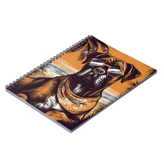 ドイツのボクサーで、熱帯ビーチにサングラスを置く ノートブック (左側)