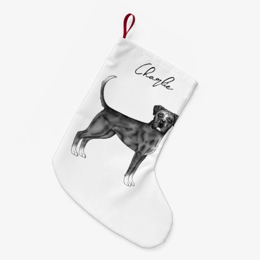 ドイツのボクサー犬の白黒と名前をカスタムする スモールクリスマスストッキング (正面 (吊り時))