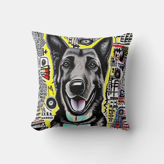 ドイツのポップ・アートの羊飼いアートGSD、黄色の赤の青 クッション (正面)