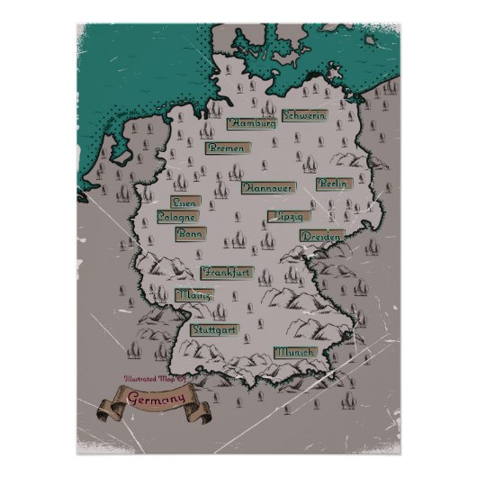 ドイツのヴィンテージ図解入りの、写真付きの地図 ポスター (正面)