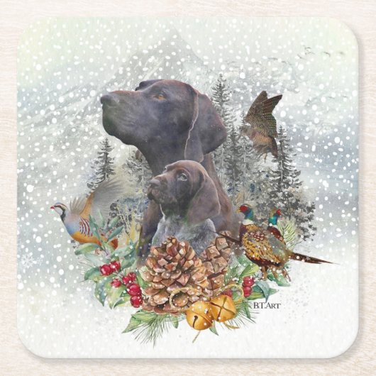 ドイツの冬の短いポインタ スクエアペーパーコースター (正面)