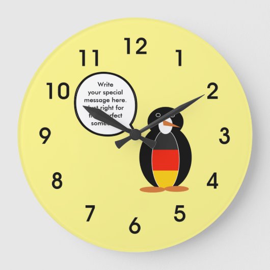 ドイツの国旗を着たペンギンのMs.が特別なメッセージを話す ラージ壁時計 (正面)