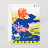 ドイツの夏のフィールドで青いドレスを着た女性 ポストカード (正面/裏面)