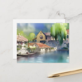 ドイツの川沿いの村 水彩画 ポストカード