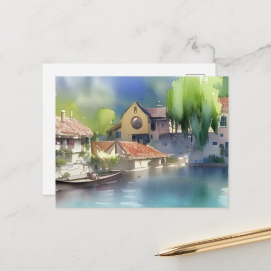 ドイツの川沿いの村 水彩画 ポストカード (正面/裏面インサイチュ)