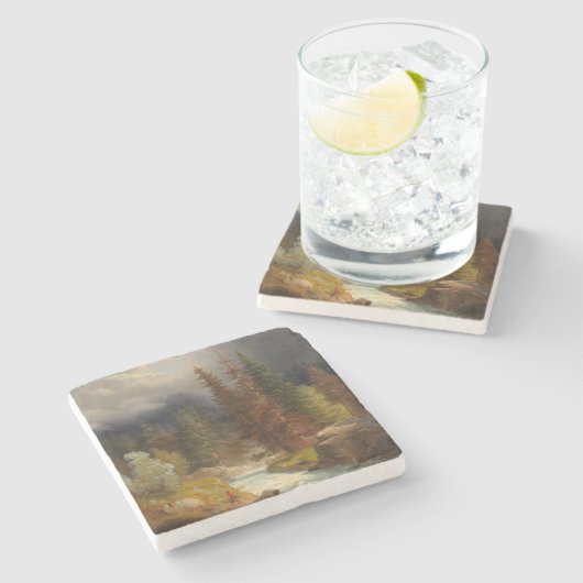 ドイツの森の中で豪雨な川のそばでハイカー ストーンコースター (横)