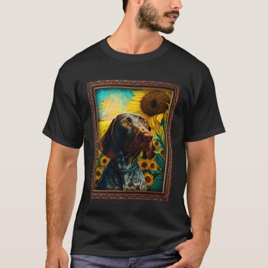 ドイツの短いポインタ絵を描のひまわり流れ Tシャツ (正面)