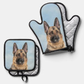 ドイツの絵を描羊飼いの日焼け可愛いオリジナルドッグアート 鍋つかみ&鍋敷きセット (正面/裏面)