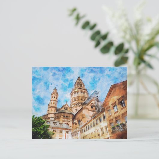 ドイツの絵画マインツ大聖堂の水彩画。 ポストカード (スタンド正面)