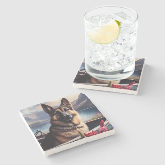 ドイツの羊飼いがパドルに:風光明媚な冒険 ストーンコースター (横)