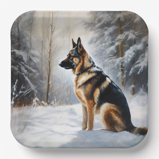 ドイツの羊飼いが雪のクリスマスを過ごした ペーパープレート (正面)