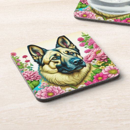 ドイツの羊飼いとお洒落花 コースター (左側)