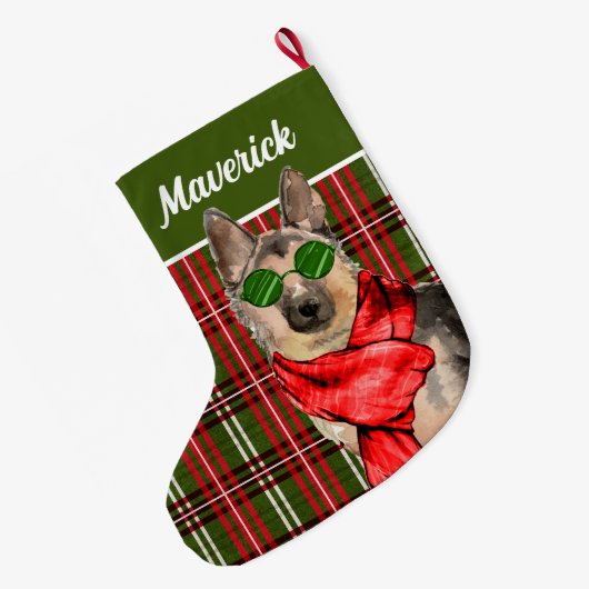 ドイツの羊飼いと犬の名前が大きい格子縞 ラージクリスマスストッキング (裏面 (吊り時))