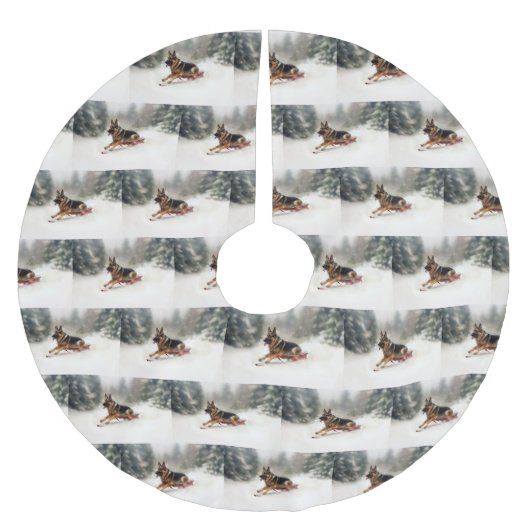 ドイツの羊飼いのクリスマスの冬 ブラッシュドポリエステルツリースカート (正面)