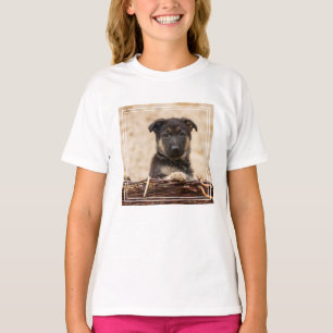ドイツの羊飼いの子犬が籠に入っている Tシャツ