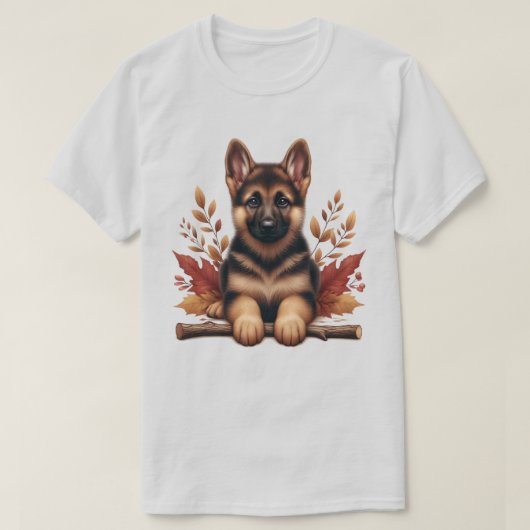 ドイツの羊飼いの子犬と紅葉 Tシャツ (デザイン正面)