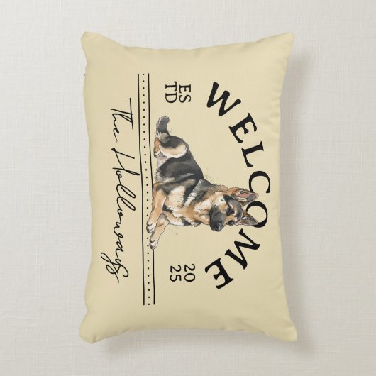 ドイツの羊飼いカスタム家族の名前ようこそ アクセントクッション (正面(垂直))