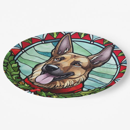 ドイツの羊飼いステンドグラスのクリスマス ペーパープレート (アングル)