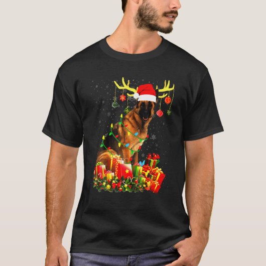 ドイツの羊飼いトナカイのサンタハットクリスマスライト Tシャツ (正面)