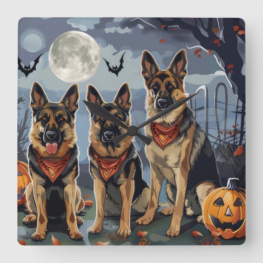 ドイツの羊飼いハロウィン不気味 スクエア壁時計 (正面)