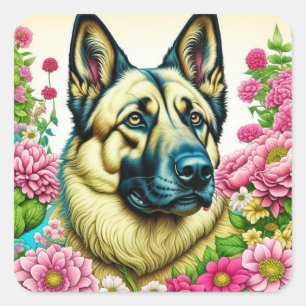 ドイツの羊飼いピンクの花Ai Art スクエアシール