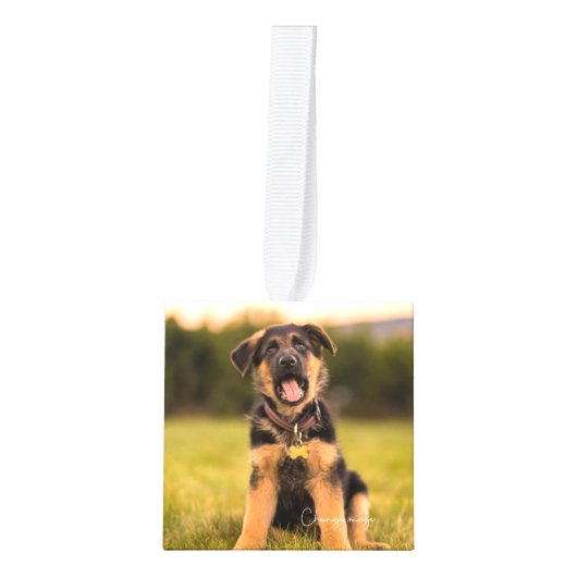 ドイツの羊飼い犬が写真を選んでクリスマスに名前を付ける キューブオーナメント (正面)