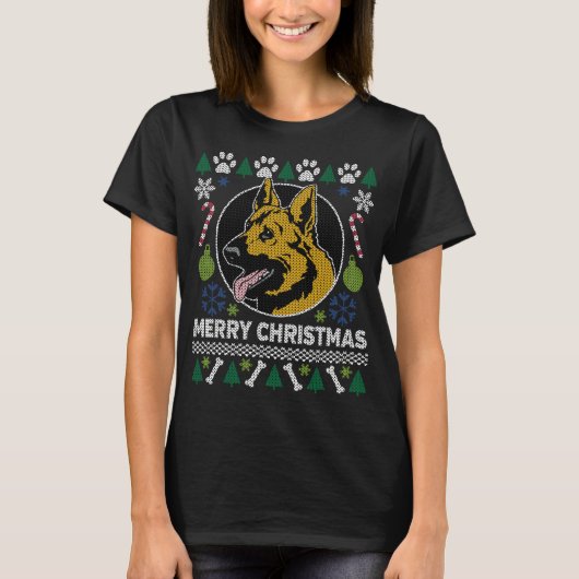 ドイツの羊飼い犬が醜いクリスマスセーターを育てる Tシャツ (正面)
