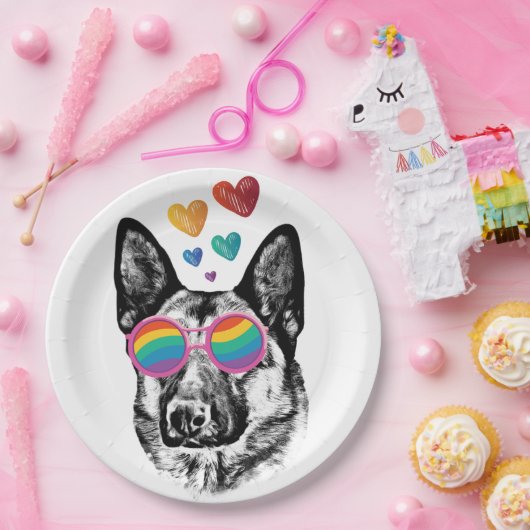 ドイツの羊飼い犬とハートバレンタインデー ペーパープレート (パーティー)