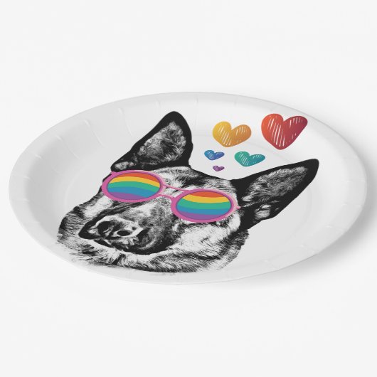 ドイツの羊飼い犬とハートバレンタインデー ペーパープレート (アングル)